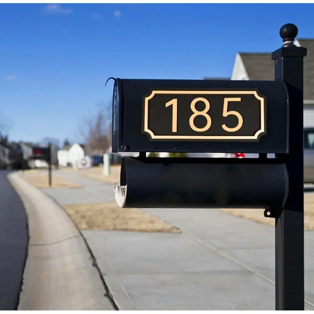 Black Address Plaque w/ Gold Numbers | Adhesive House Mailbox Sign | New
